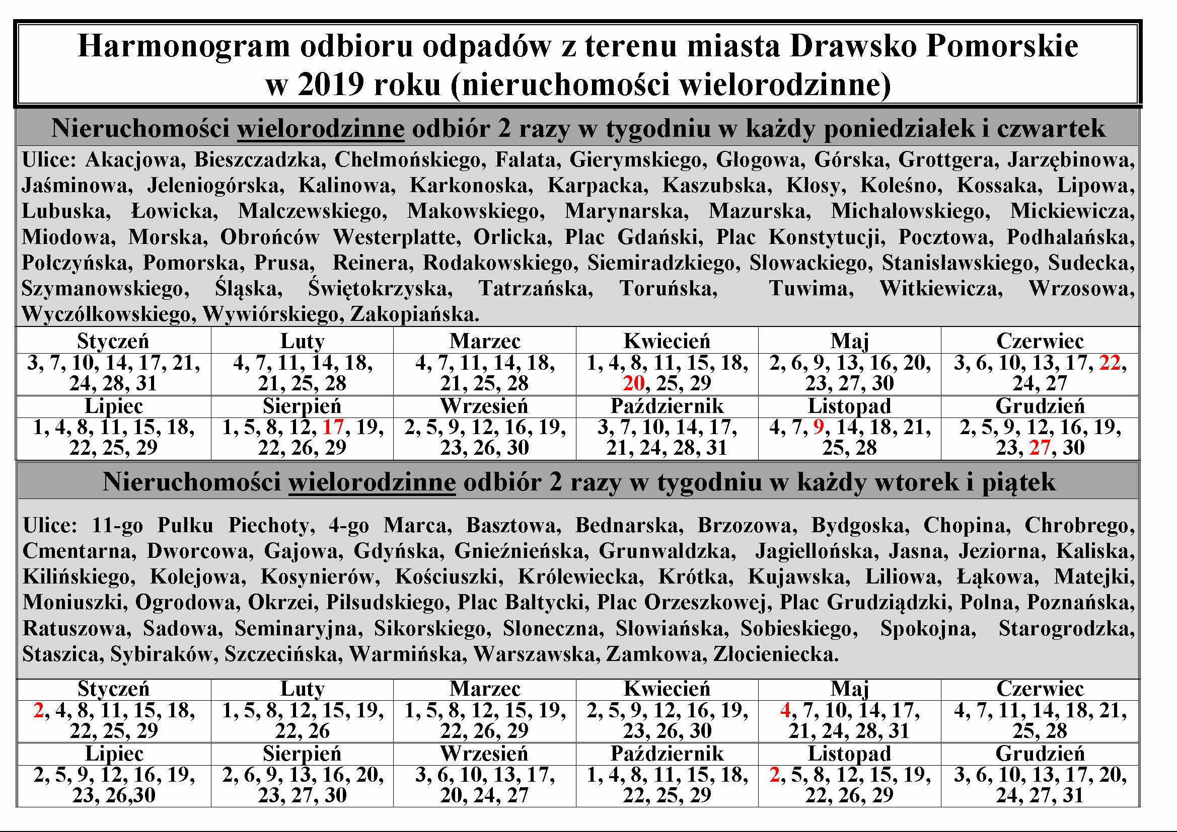 harmonogram odbioru odpadów 2019 r.
