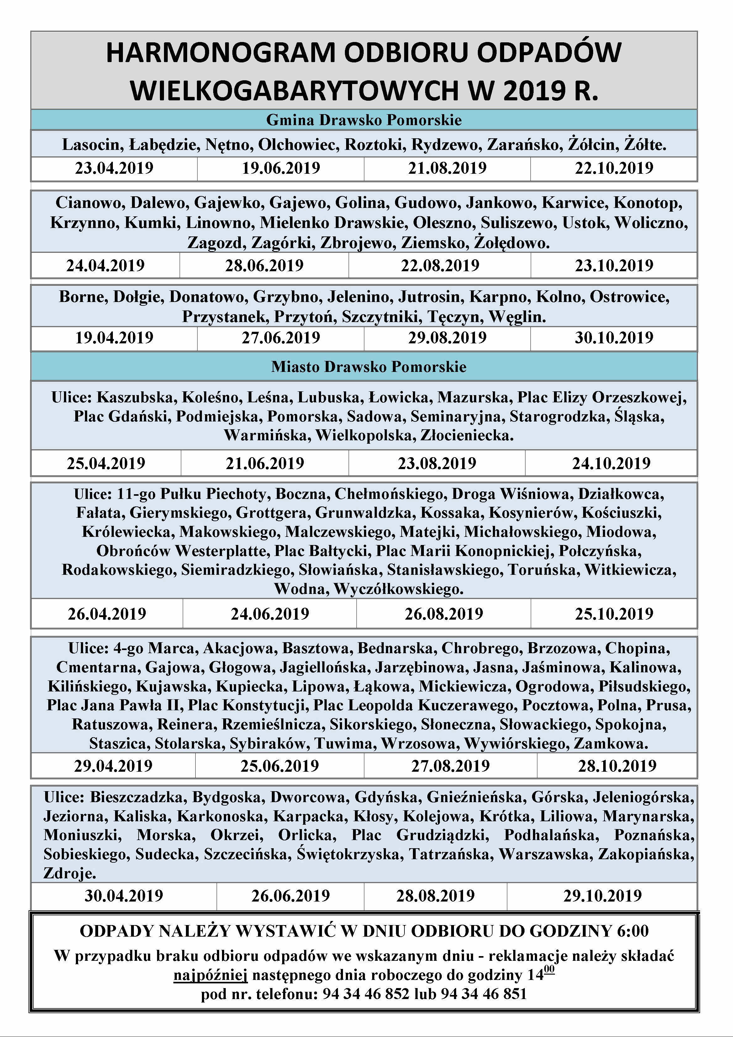 harmonogram odbioru odpadów 2019 r.